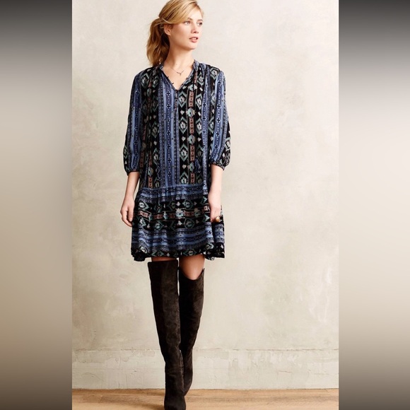 Anthro Holding Horses XS Boho Printed Peasant Dress Metallic Thread Tassel Tie - Picture 7 of 7